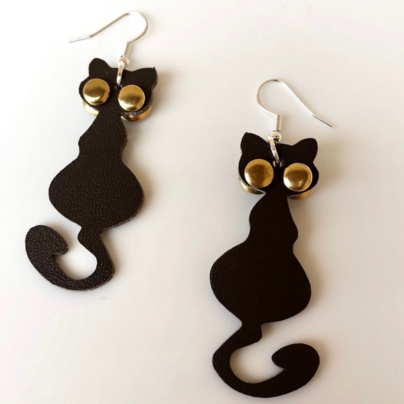Boho Earrings Vegan Leather Cat Rhinestone NEW - Picture 3 of 5